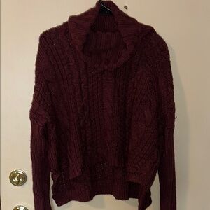 Cable Knit Turtleneck Sweater - Burgundy